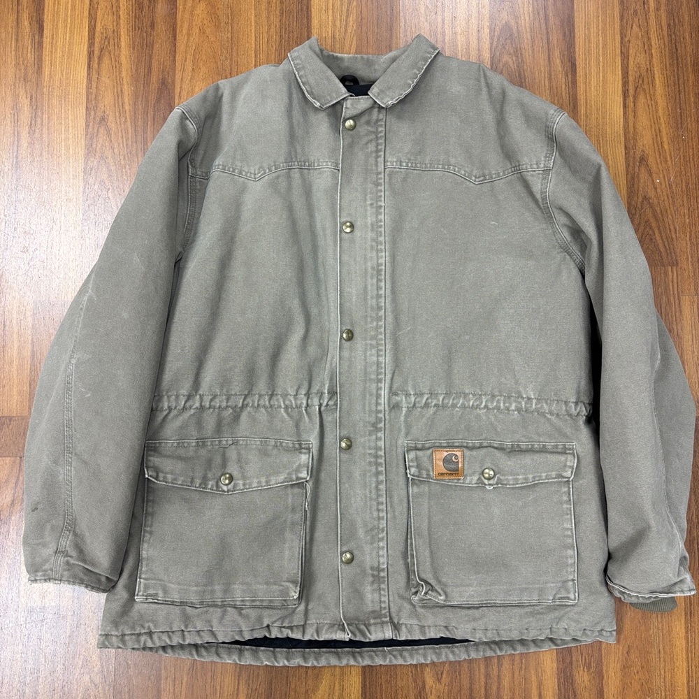 VTG Carhartt Western Chore Jacket Quilt Lined Khaki Tan Mens L Union USA C46 DES